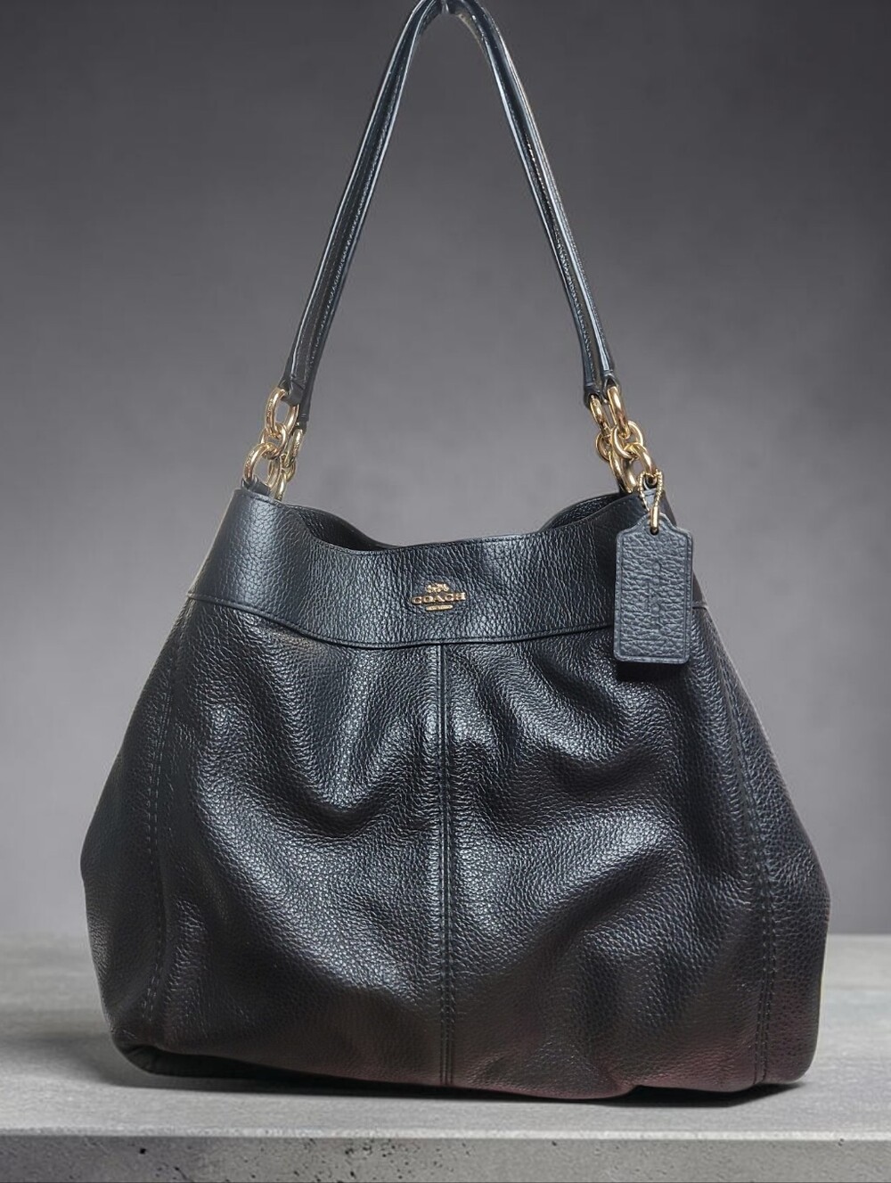 Coach Lexy Black Pebbled Leather Shoulder Hobo with Gold Hardware